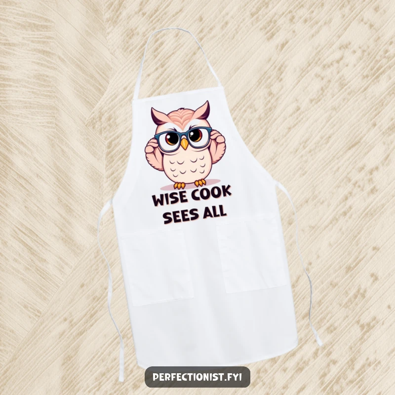 Funny Owl Apron: A proud owl character is adjusting perfectly symmetrical glasses, symbolizing meticulous attention to detail in culinary arts.