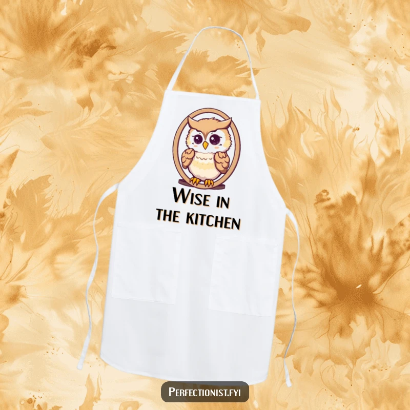 Funny cute owl meticulously arranging its feathers in a mirror on a kitchen apron, perfect for chefs and fashionistas.