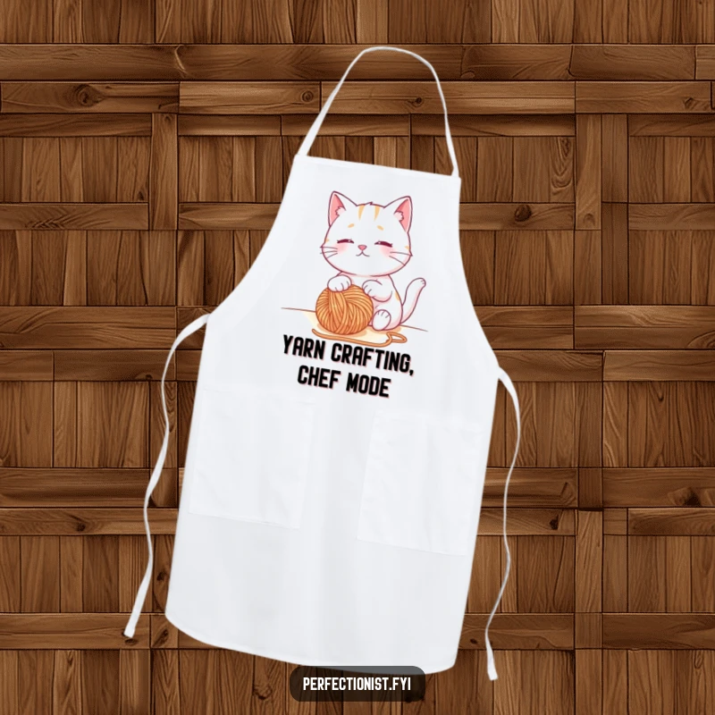 Funny cat apron featuring a contented cat character observing a perfectly placed ball of yarn, ideal kitchen wear for crafters.