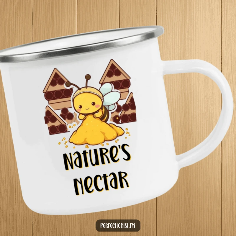 Funny Kawaii bee camping mug, a diligent bee busy organizing pollen, ready for any outdoor task.