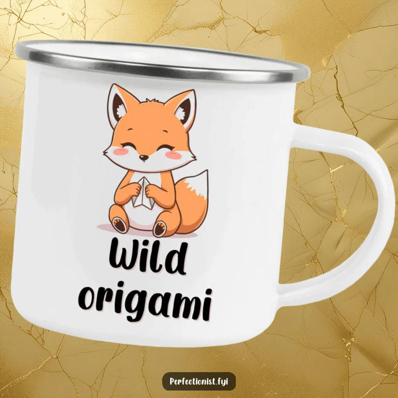 Funny Kawaii fox camping mug, a fox carefully folding paper, ready for creative outdoor moments.