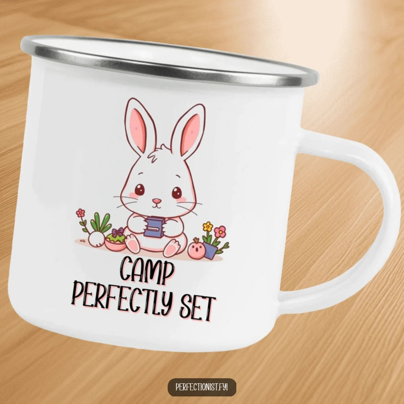 Funny Camping Mug: A rabbit aligns small objects, ideal for focused outdoor enjoyment.