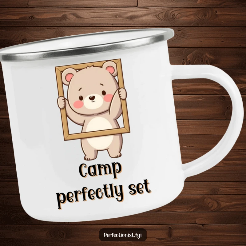 Funny Camping Mug: A bear straightens a picture frame, ideal for orderly outdoor enjoyment.