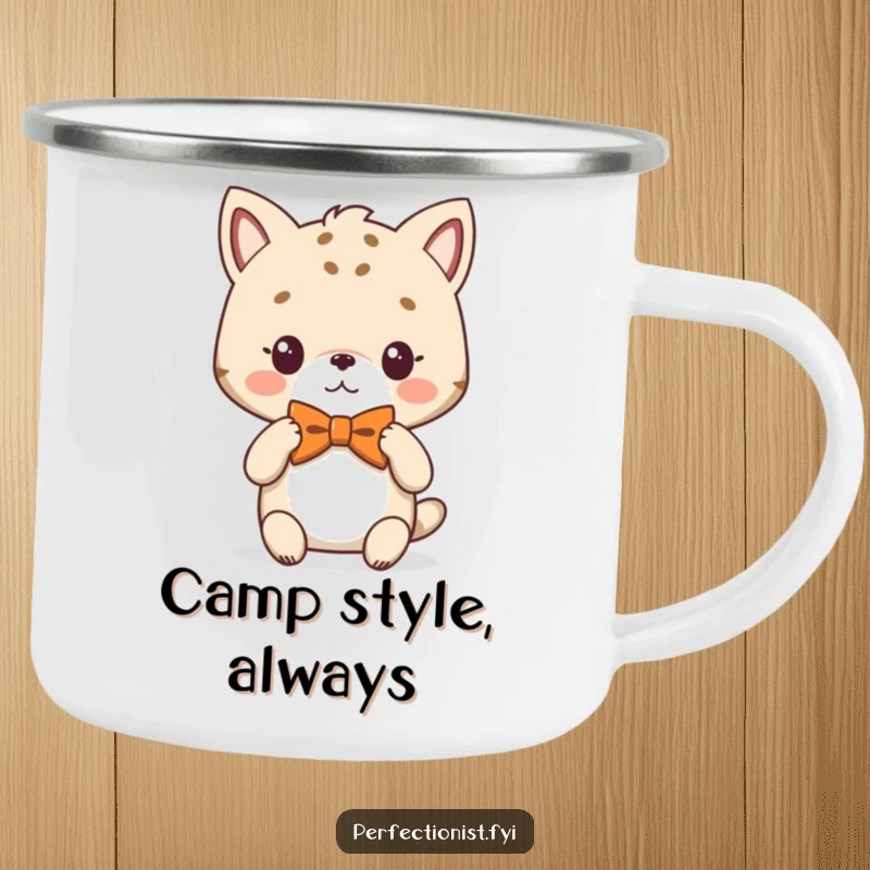 Funny Camping Mug featuring an animal character adjusting its perfectly symmetrical bowtie, bringing dapper charm to outdoor settings.