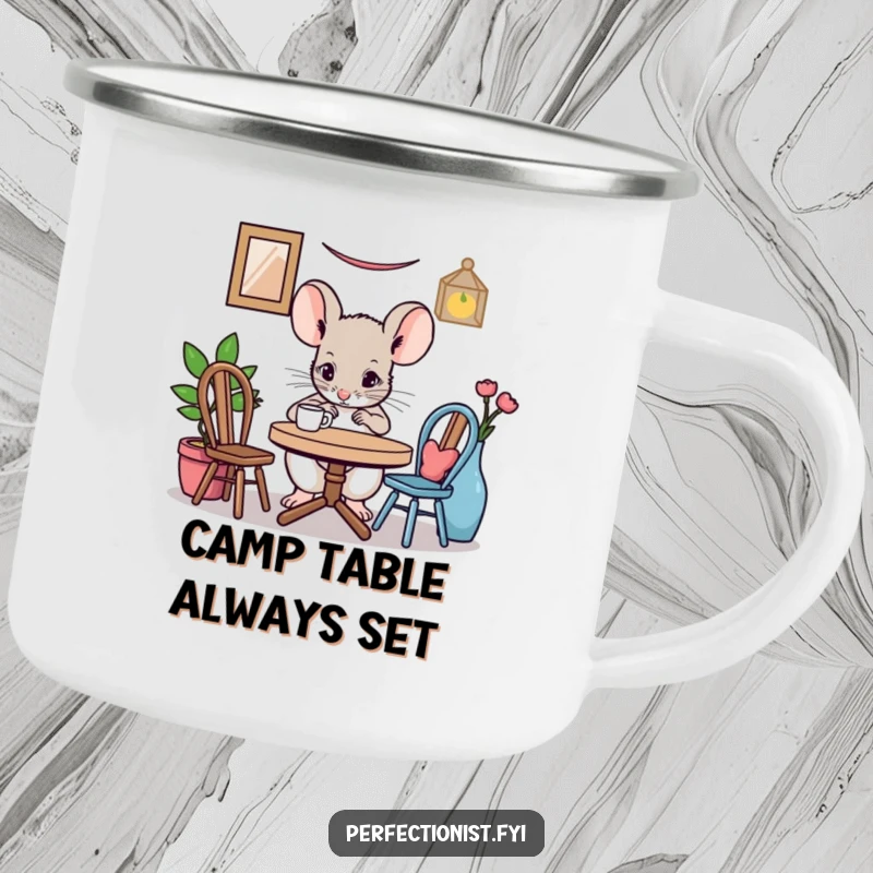 Funny mouse camping mug showing a focused mouse character adjusting a miniature table setting, ideal for outdoor enthusiasts who appreciate tiny humor.
