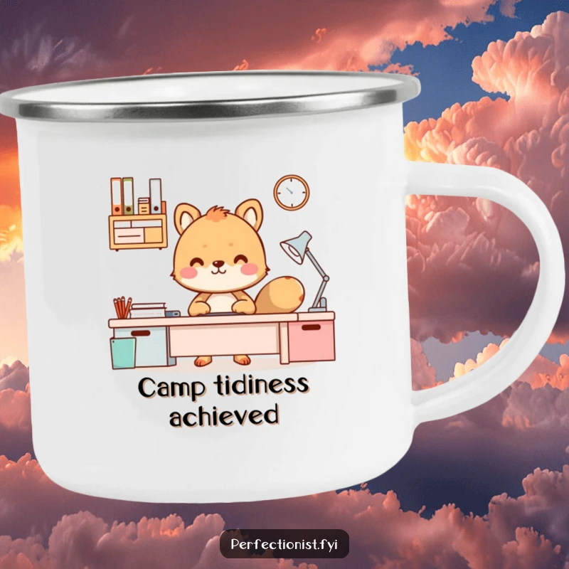 Funny Camping Mug featuring an animal character smiling at a perfectly organized camp desk or setup.