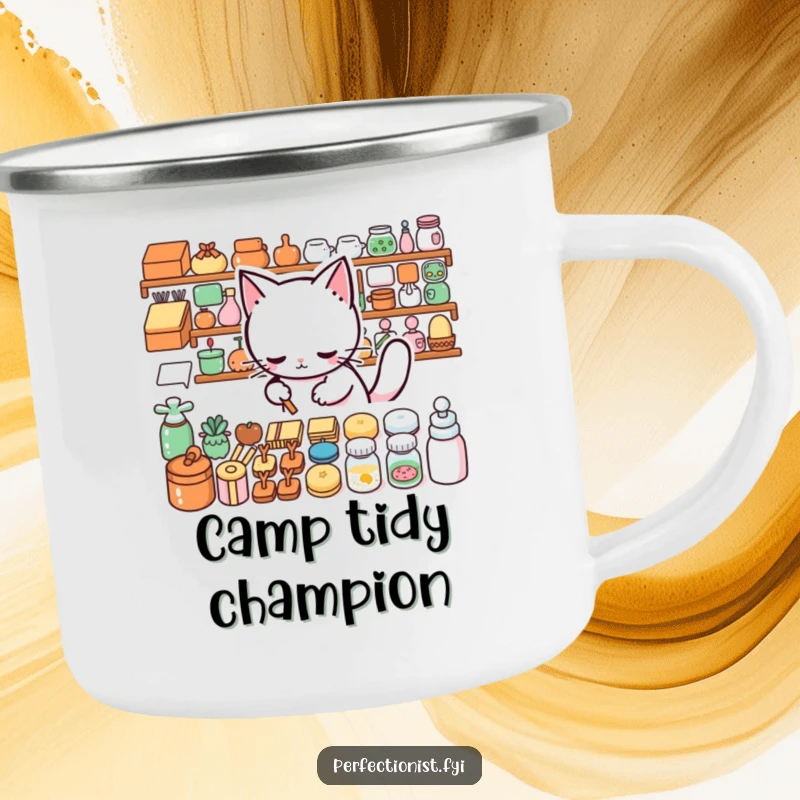Funny Camping Mug: A cat arranges items precisely, perfect for organized outdoor enthusiasts.
