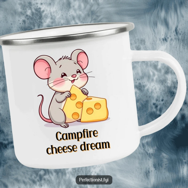 Funny camping mug featuring a content mouse character admiring a perfect cheese triangle, perfect for outdoor sipping and cheesy enjoyment.