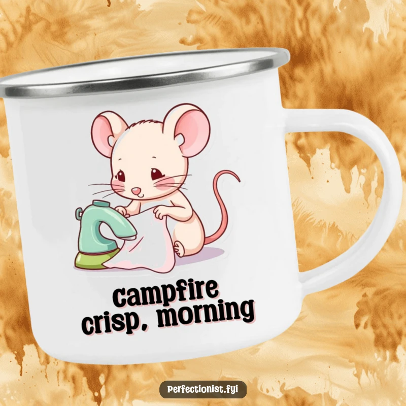 Funny mouse camping mug with a focused mouse character ironing a tiny piece of fabric, a durable and humorous outdoor cup.