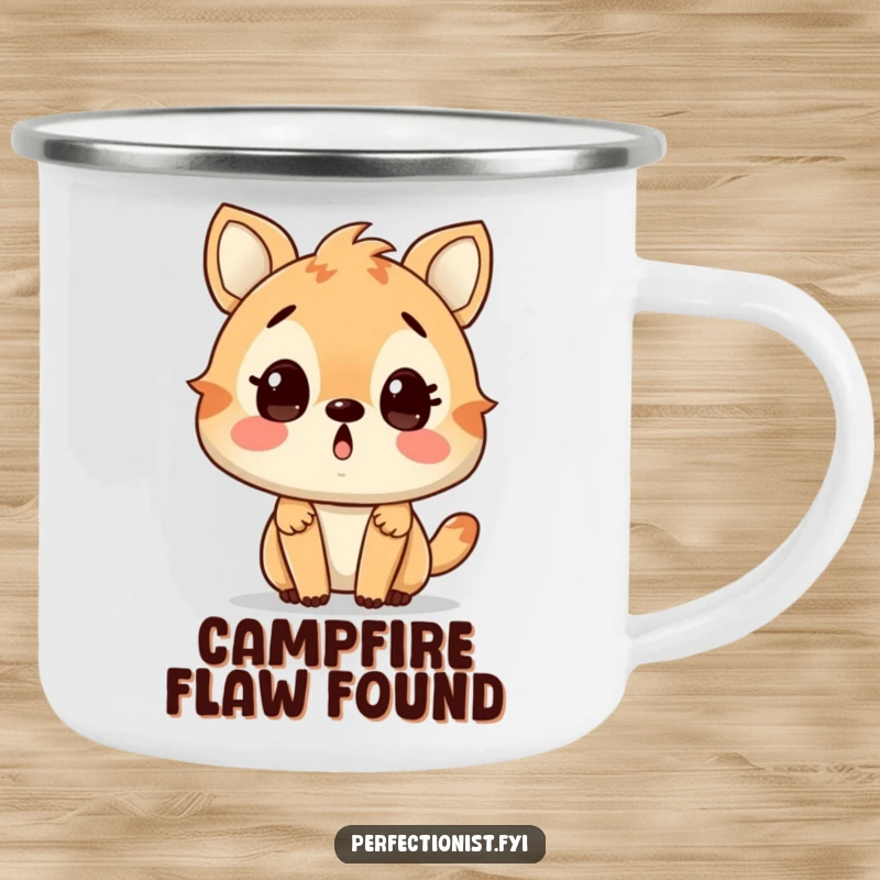 Funny camping mug featuring a surprised animal character spotting a small flaw, ideal for outdoor fun. A fantastic funny gift.