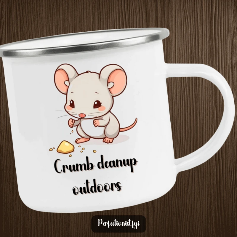 Funny camping mug with a mouse character wiping dust from a crumb, symbolizing meticulousness on outdoor adventures, a humorous addition.