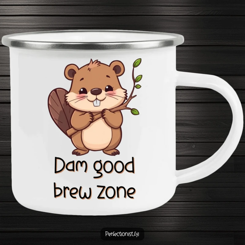 Funny camping mug featuring a determined beaver character smoothing branches, perfect for outdoor enthusiasts who appreciate humor and resilience.