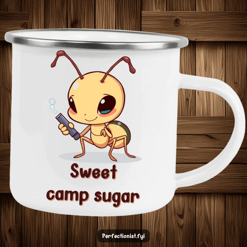 Funny determined ant polishing a single grain of sugar on a camping mug, perfect for outdoor workers.