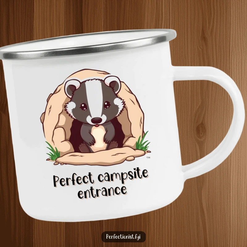 Funny badger character precisely ensuring its burrow entrance is flawless on a camping mug, celebrating diligent outdoor fun with a humorous touch, a funny gift.