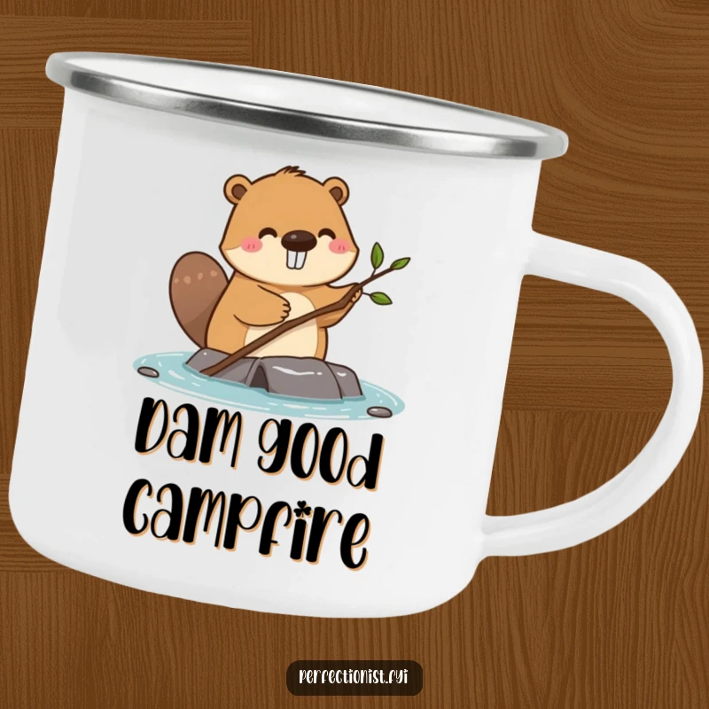 Funny happy beaver straightening a single small twig on a dam on a camping mug, perfect for outdoor builders.