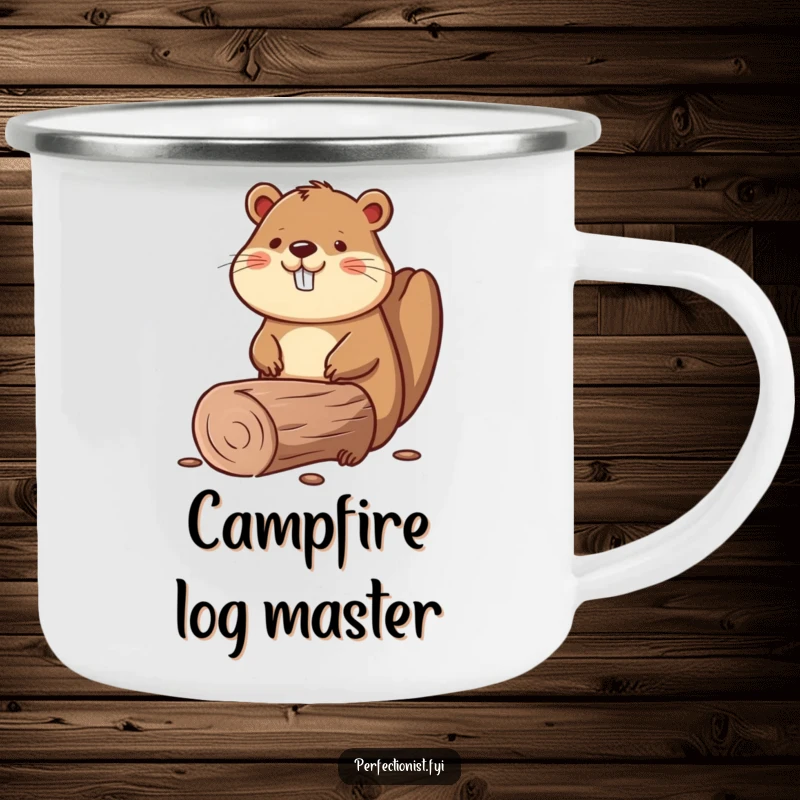 Funny camping mug showing a beaver smoothing a perfectly straight log, perfect for rugged outdoor enjoyment.