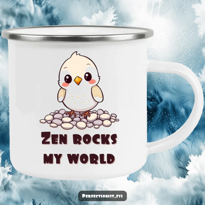 Funny camping mug with a bird character carefully aligning pebbles, symbolizing meticulousness on outdoor adventures, a humorous addition.