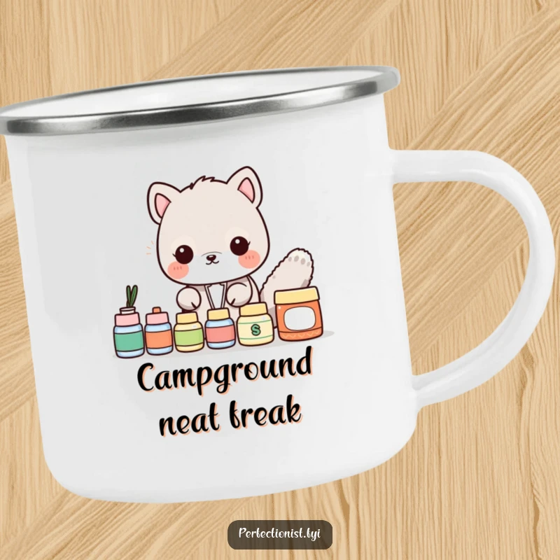 Funny Camping Mug: An animal character ensures camp items are perfectly aligned, offering a dose of organized humor for outdoor adventures.