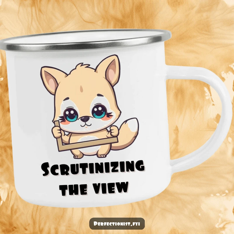 Funny Camping Mug: An animal character examines a picture critically, bringing perceptive humor to outdoor activities.