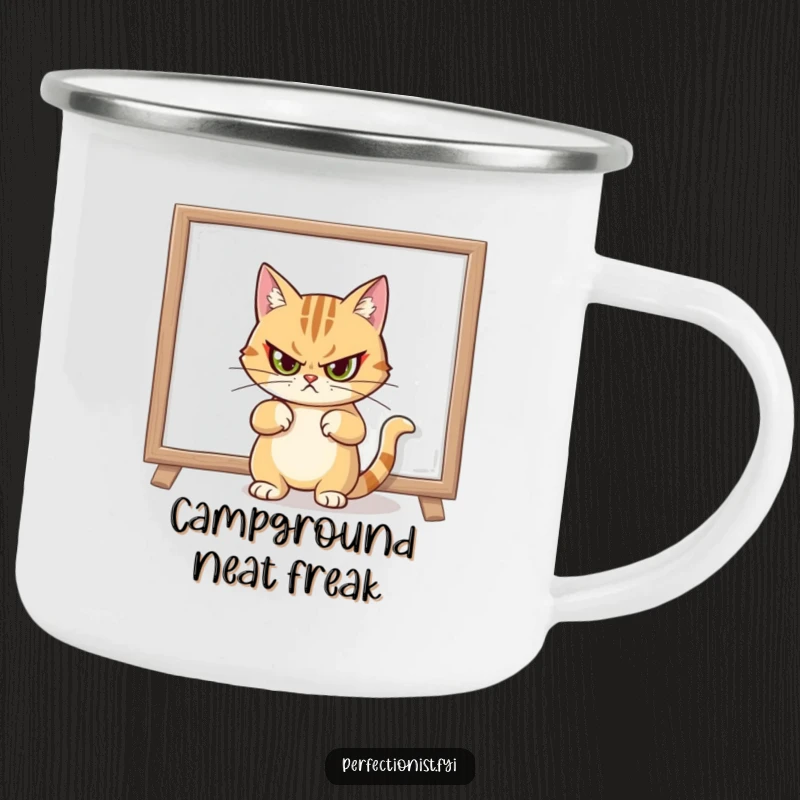 Funny camping mug showing a cat giving a stern look after straightening a crooked painting, perfect for stylish outdoor moments.