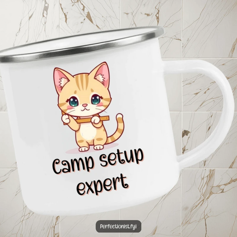 Funny Cat Camping Mug featuring a focused cat straightening a wobbly picture frame, perfect for outdoor enthusiasts.