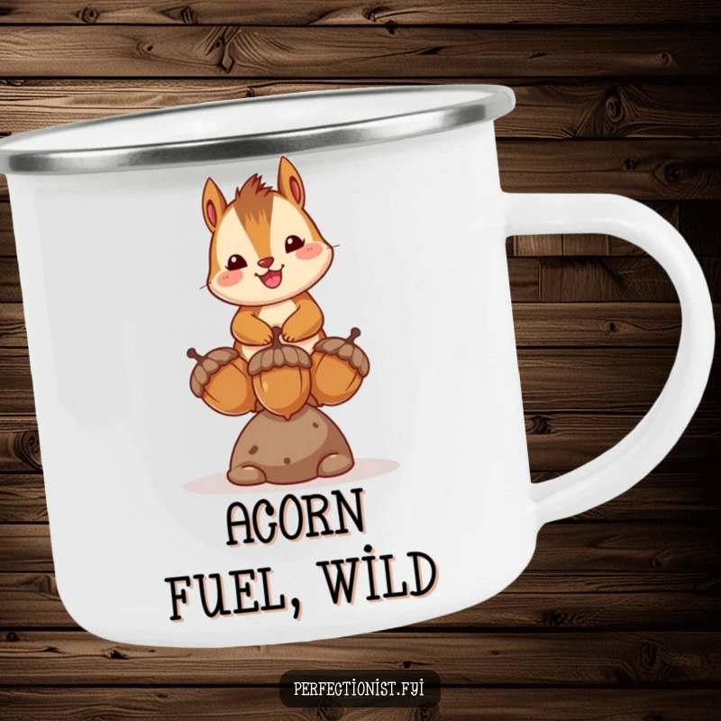 Funny camping mug with a happy chipmunk character balancing acorns, symbolizing skill and joy on outdoor adventures, a humorous addition.