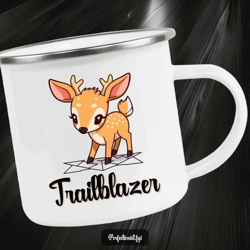 Funny deer camping mug showing a focused character planning a geometric pathway, ideal for outdoor enthusiasts who enjoy humor and durable drinkware.