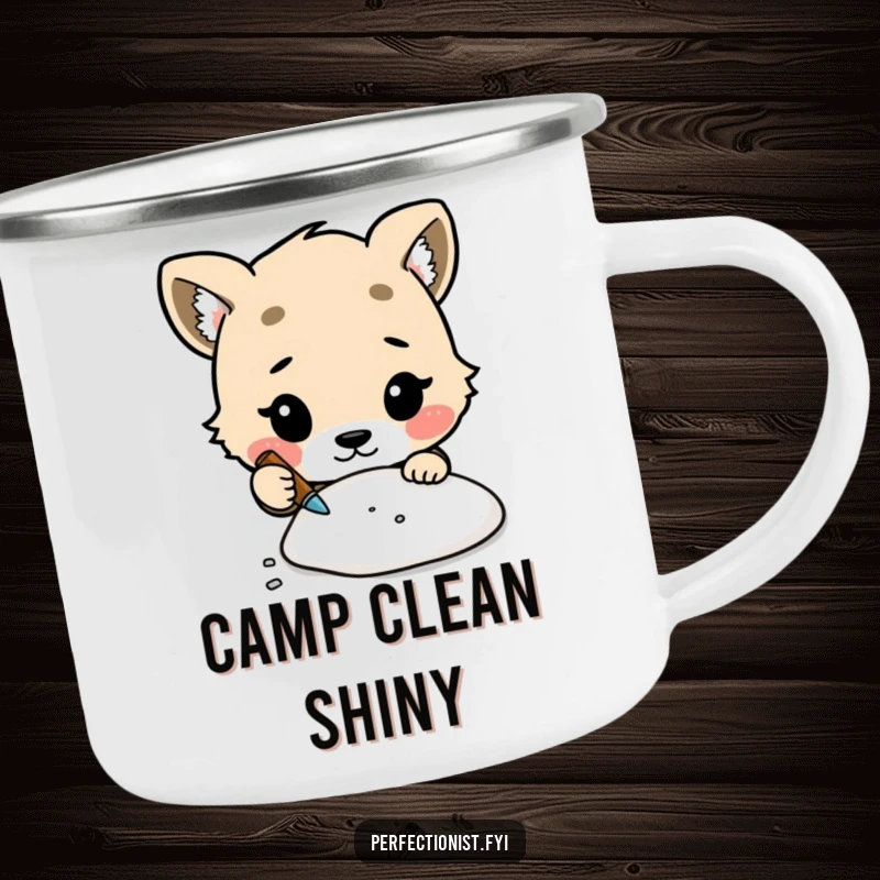 Funny enamel camping mug with a cute animal character focused on cleaning a tiny speck of dust.