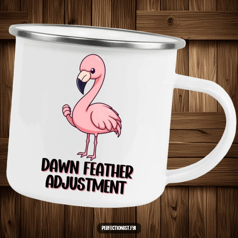 Funny flamingo camping mug with a blushing flamingo character adjusting a feather, a durable and humorous outdoor cup.