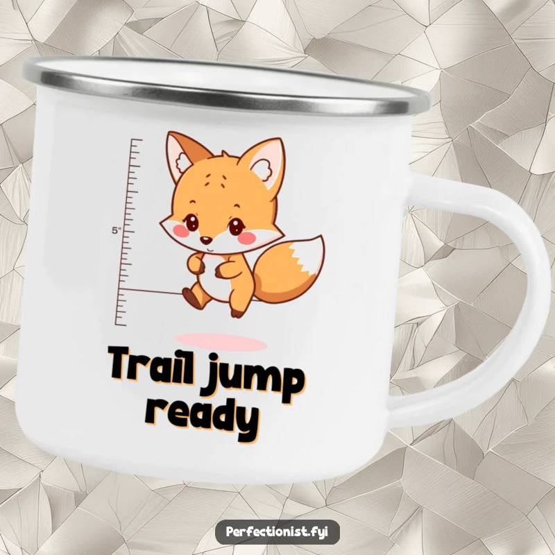 Funny camping mug featuring a careful fox character measuring the perfect distance to jump, perfect for adventurers who appreciate planning and humor.