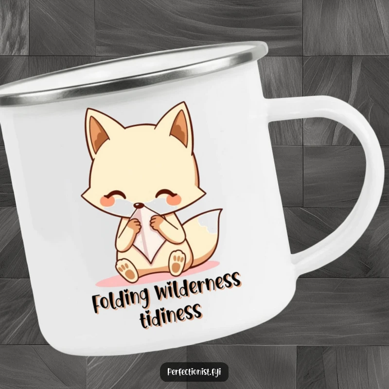 Funny fox camping mug showing a neat fox character meticulously folding a tiny handkerchief, ideal for outdoor enthusiasts who appreciate dapper humor.
