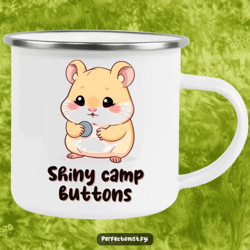 Funny hamster camping mug showing a perfectionist hamster character meticulously polishing a single, tiny button, ideal for outdoor enthusiasts who appreciate shiny humor.