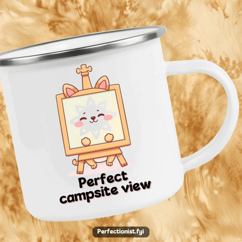Funny camping mug featuring a happy animal character admiring symmetry, ideal for outdoor enjoyment. A fantastic funny gift.
