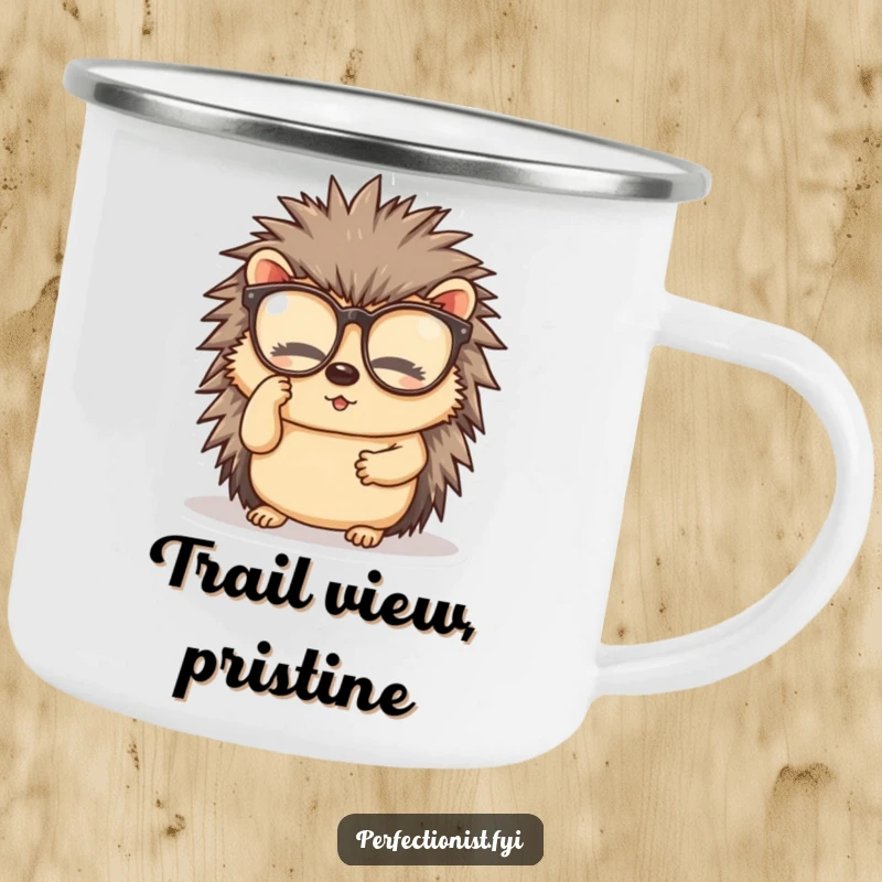 Funny camping mug with a diligent hedgehog character, meticulously cleaning its spectacles, durable and humorous for outdoor trips.