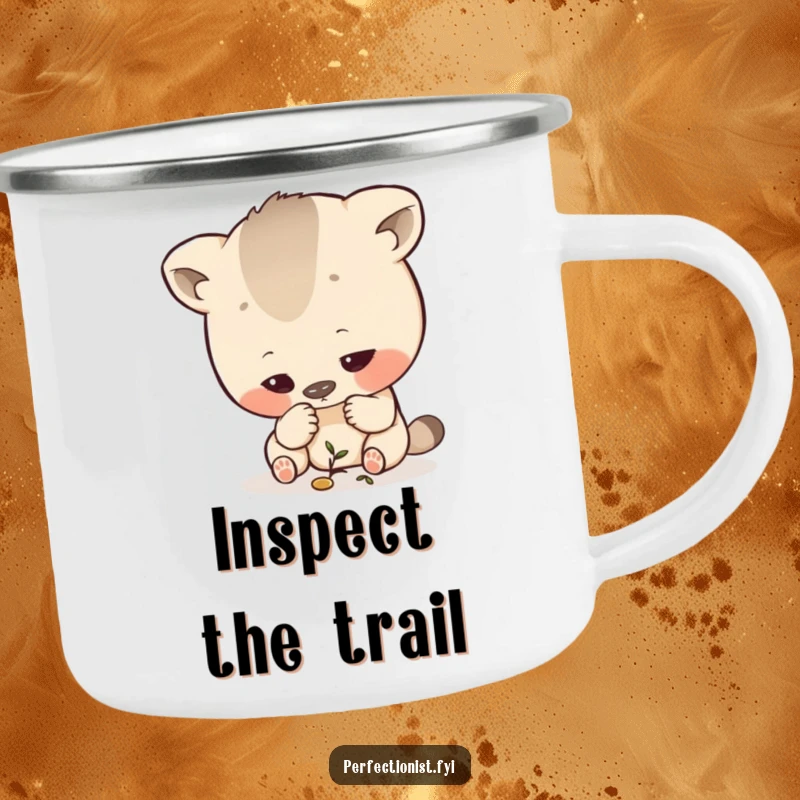 Funny Inspecting Camping Mug: A rugged mug showing an exacting animal character meticulously examining a minuscule detail in nature.