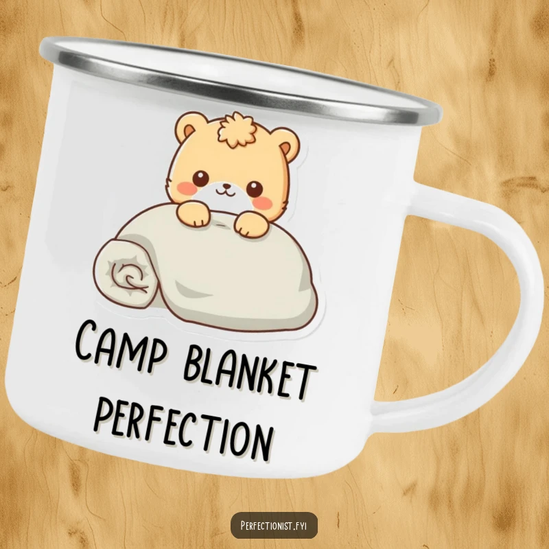 Funny Camping Mug featuring an animal character smoothing a perfectly folded blanket, bringing tidiness to outdoor settings.