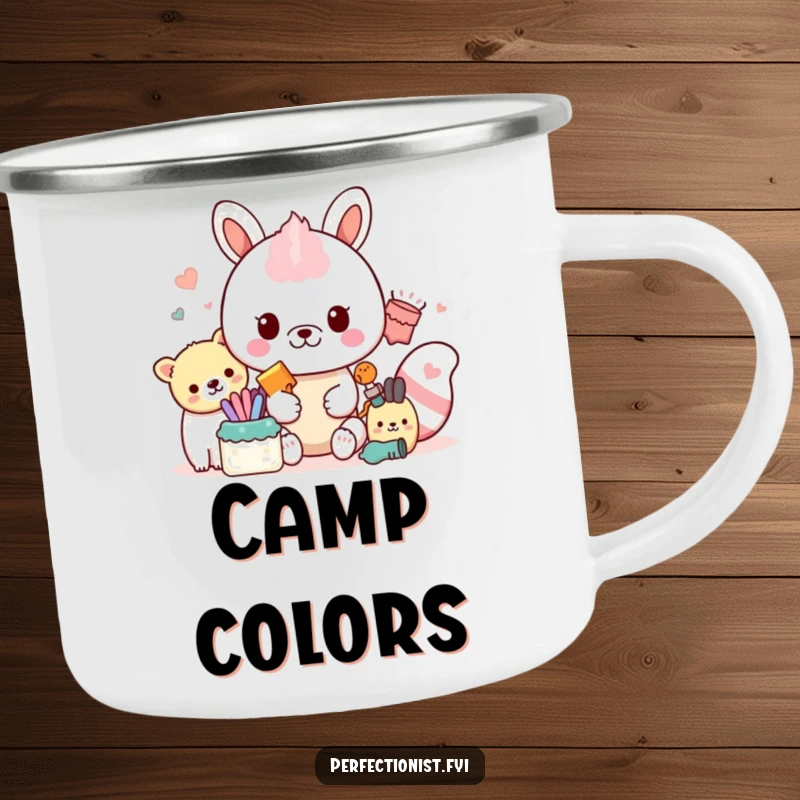 Funny Organizing Camping Mug: A rugged mug showing a meticulous animal character organizing items neatly by their color shades.
