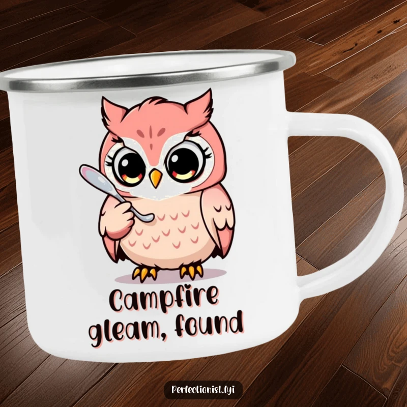 Funny camping mug with a focused owl character, polishing a gleaming spoon, durable and humorous for outdoor adventures.