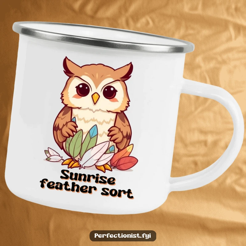 Funny owl character precisely sorting feathers by size on a camping mug, celebrating organized outdoor fun with a humorous touch.