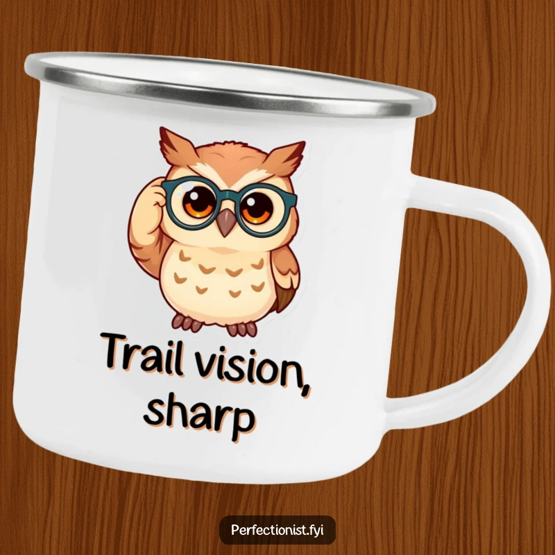 Funny owl camping mug with a curious owl adjusting its spectacles, perfect for enjoying the outdoors with intellectual humor.