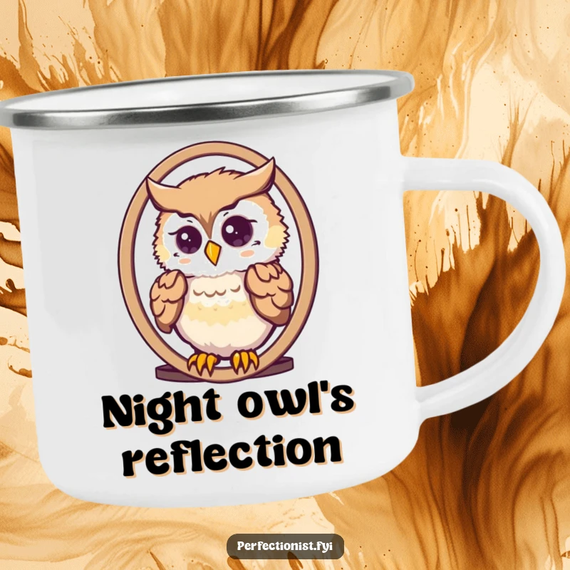 Funny cute owl meticulously arranging its feathers in a mirror on a camping mug, perfect for outdoor fashion lovers.