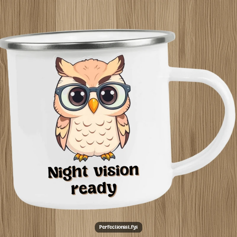 Funny Camping Mug: An owl polishes its spectacles, ideal for outdoor wisdom and warm drinks.