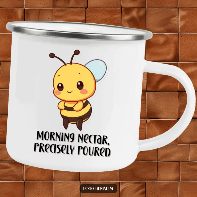 Funny bee camping mug with a precise bee character aligning nectar drops, a durable and humorous outdoor cup.