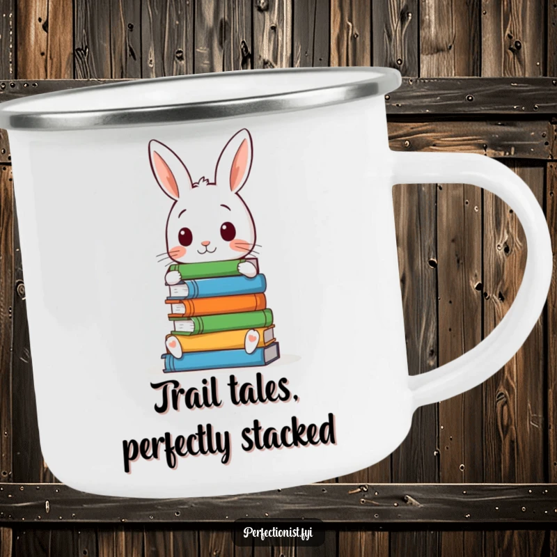Funny camping mug with a meticulous rabbit character, perfectly stacking books, durable and humorous for outdoor adventures.