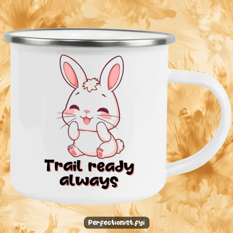Funny rabbit camping mug showing a cute character meticulously grooming its whiskers, perfect for outdoor enjoyment and humorous hydration.