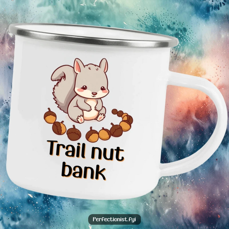 Funny Squirrel Camping Mug: A careful squirrel character is precisely arranging a line of acorns, bringing a humorous touch to outdoor planning.