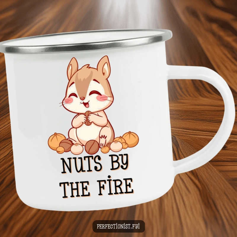 Funny giggling squirrel sorting nuts by size with great focus on a camping mug, perfect for outdoor organizers.