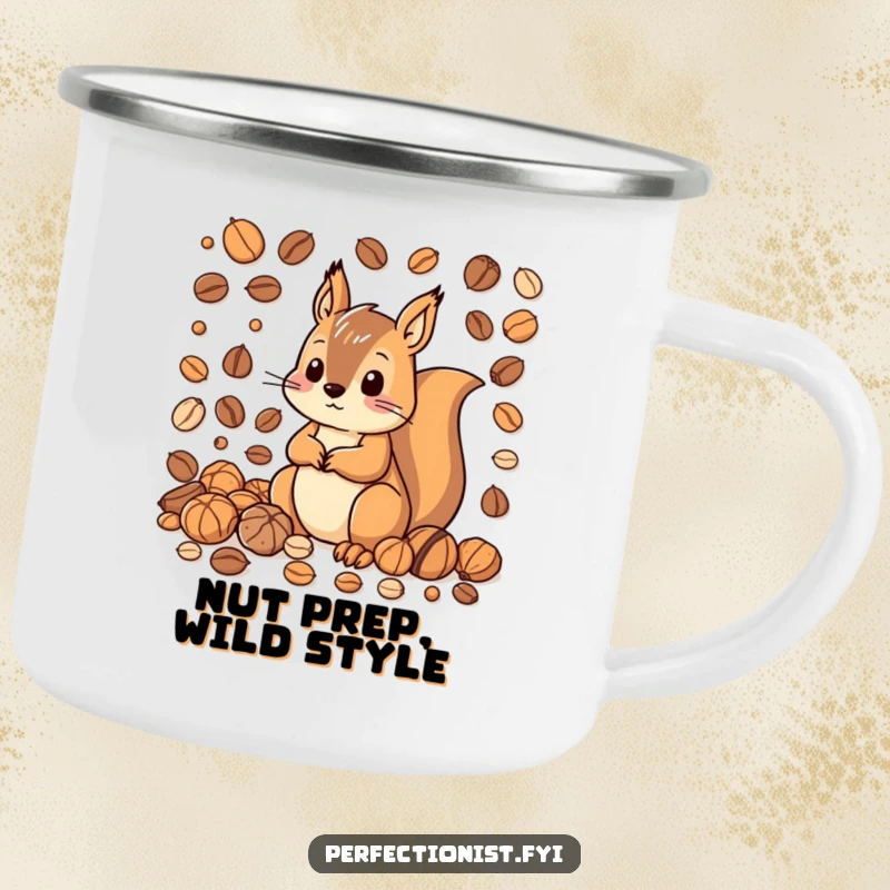 Funny camping mug with a squirrel character organizing nuts by size and color, symbolizing meticulousness on outdoor adventures, a humorous addition.