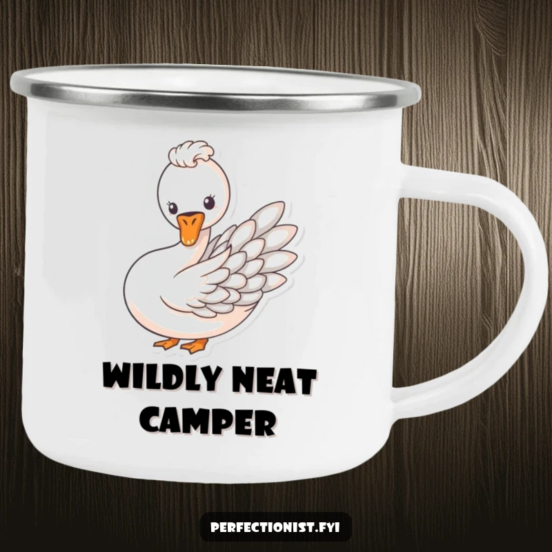 Funny camping mug showing a swan meticulously arranging feathers in a perfect pattern, ideal for elegant outdoor moments.