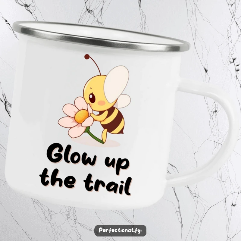 Funny Bee Camping Mug: A diligent bee character is polishing a flower petal to a shine, bringing a humorous touch to outdoor coffee breaks.